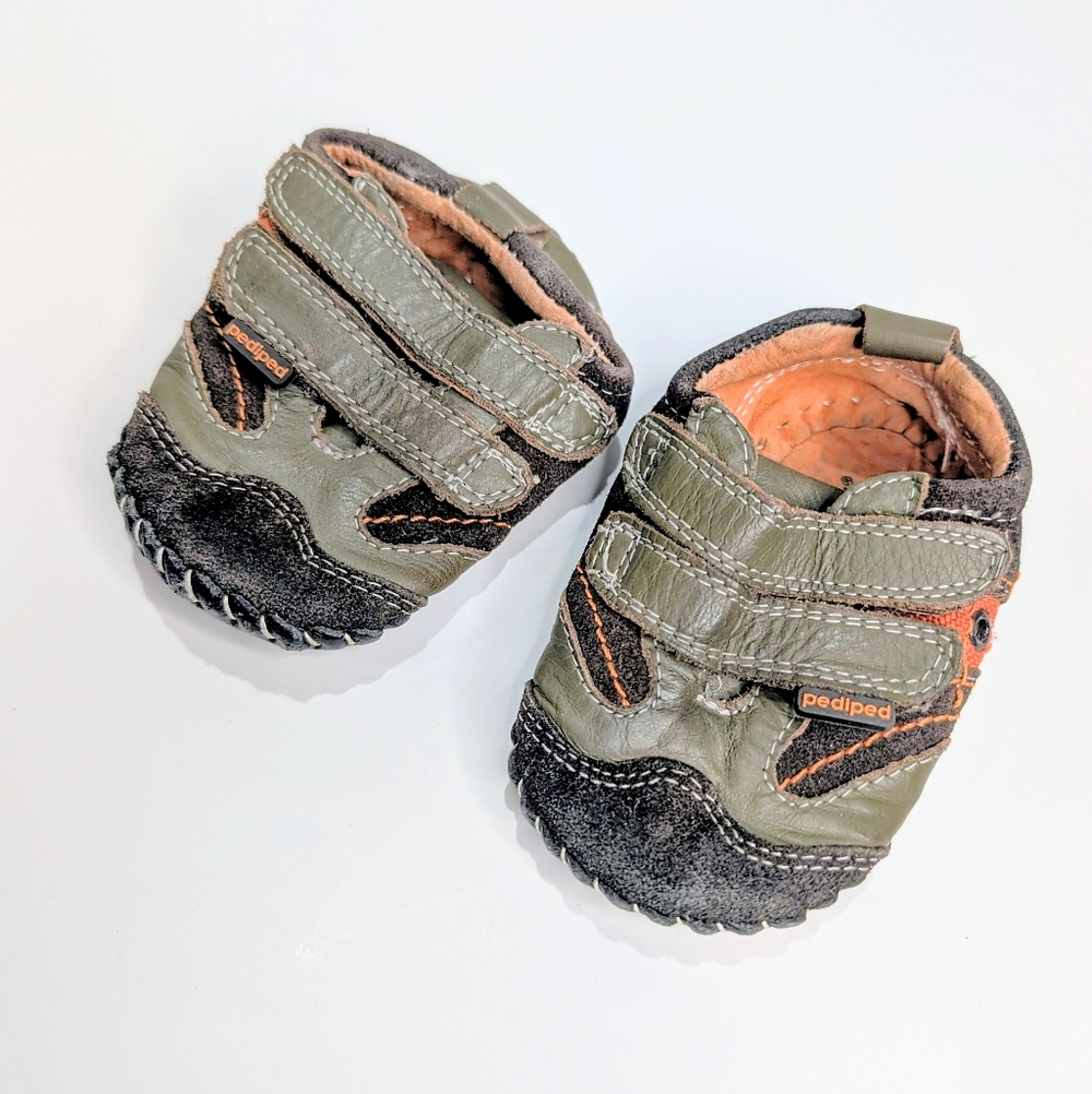 Pediped Leather Baby Shoes | Size 12–18 Months | Soft Sole Flex | Gray‎ & Orange